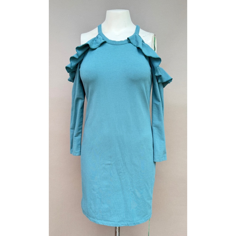 Tracy Negoshian Dress S Teal Blue Ruffle Cold Shoulder Long Sleeve Halter Y2K